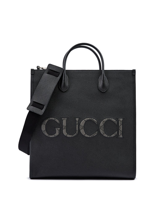 Gucci – Mittelgroße Tragetasche aus schwarzem Leder mit Logo
