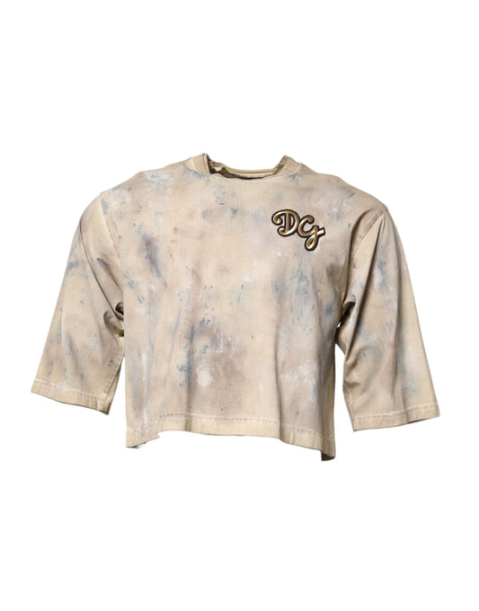 Dolce &amp; Gabbana Beige Tie Dye DG Embroidery Cropped T-shirt