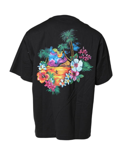 Dolce &amp; Gabbana – Schwarzes T-Shirt mit Rundhalsausschnitt und Blumenmuster aus Baumwolle mit DG-Print