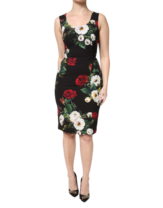 Dolce &amp; Gabbana – Schwarzes, ärmelloses Etuikleid mit Blumenmuster