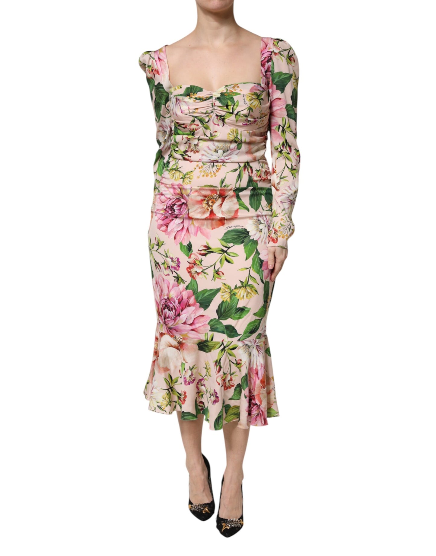Dolce &amp; Gabbana – Figurbetontes Midikleid aus Seide mit Blumenmuster in Rosa