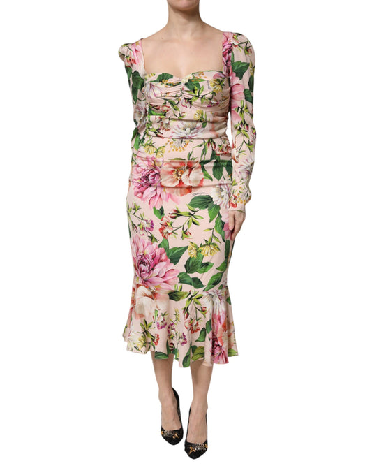 Dolce &amp; Gabbana – Figurbetontes Midikleid aus Seide mit Blumenmuster in Rosa
