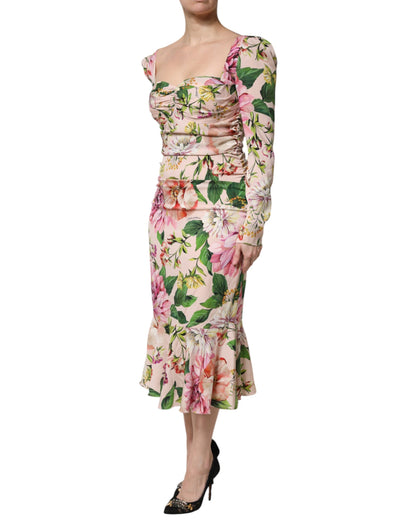 Dolce &amp; Gabbana – Figurbetontes Midikleid aus Seide mit Blumenmuster in Rosa
