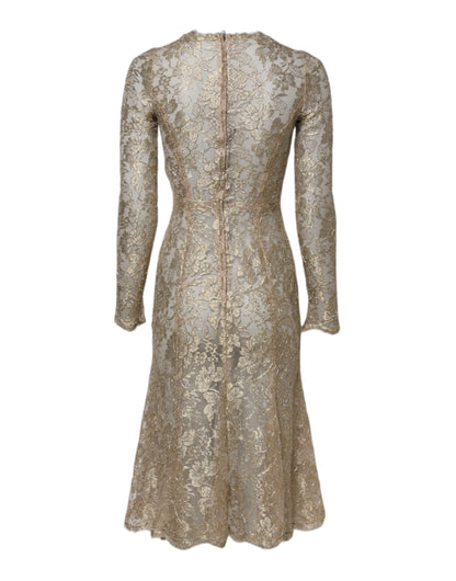 Dolce &amp; Gabbana – Figurbetontes Kleid mit langen Ärmeln und Blumenspitze in Gold