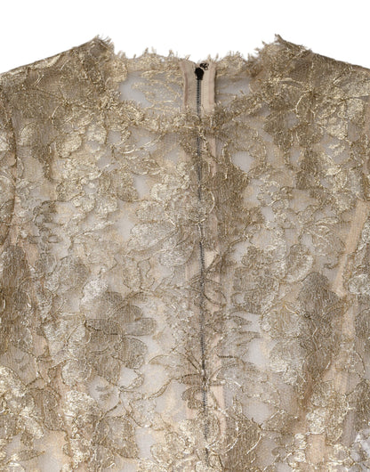Dolce &amp; Gabbana – Figurbetontes Kleid mit langen Ärmeln und Blumenspitze in Gold