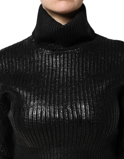 Dolce &amp; Gabbana – Schwarzes, kurzärmliges Rollkragenoberteil aus Wolle