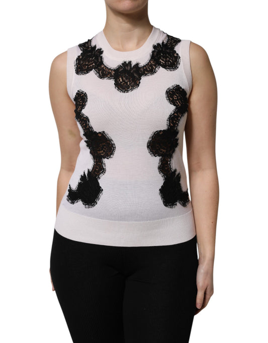 Dolce &amp; Gabbana – Tanktop aus weißem Kaschmir mit floraler Spitze