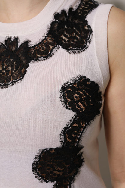 Dolce &amp; Gabbana – Tanktop aus weißem Kaschmir mit floraler Spitze