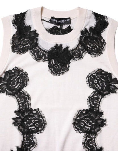 Dolce &amp; Gabbana – Tanktop aus weißem Kaschmir mit floraler Spitze