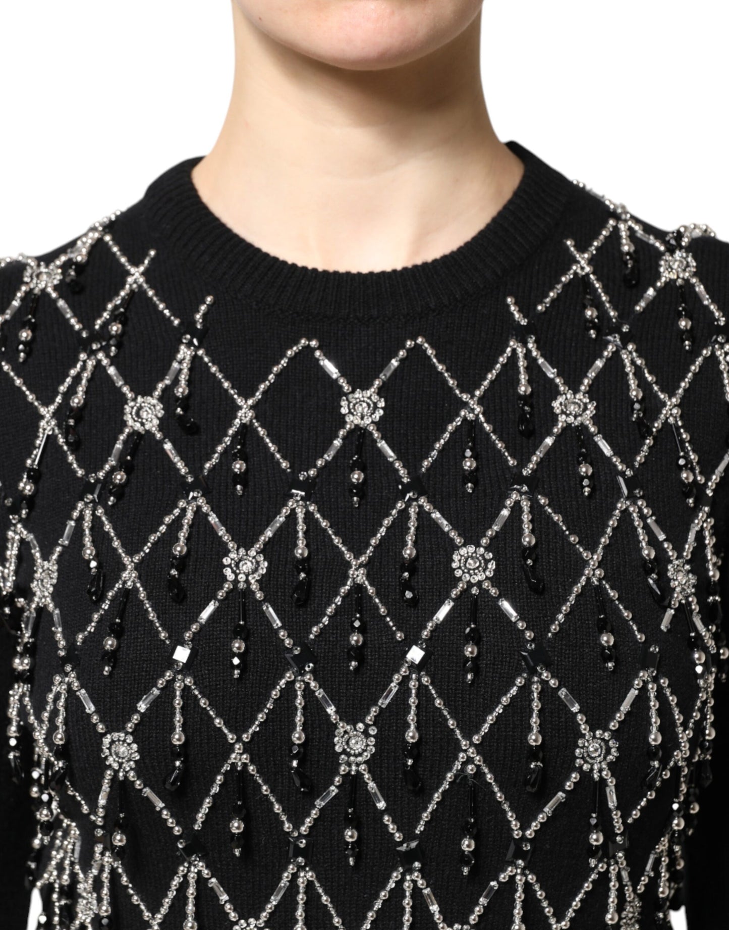 Dolce &amp; Gabbana – Schwarzes, langärmliges Oberteil aus Kaschmir mit Verzierung