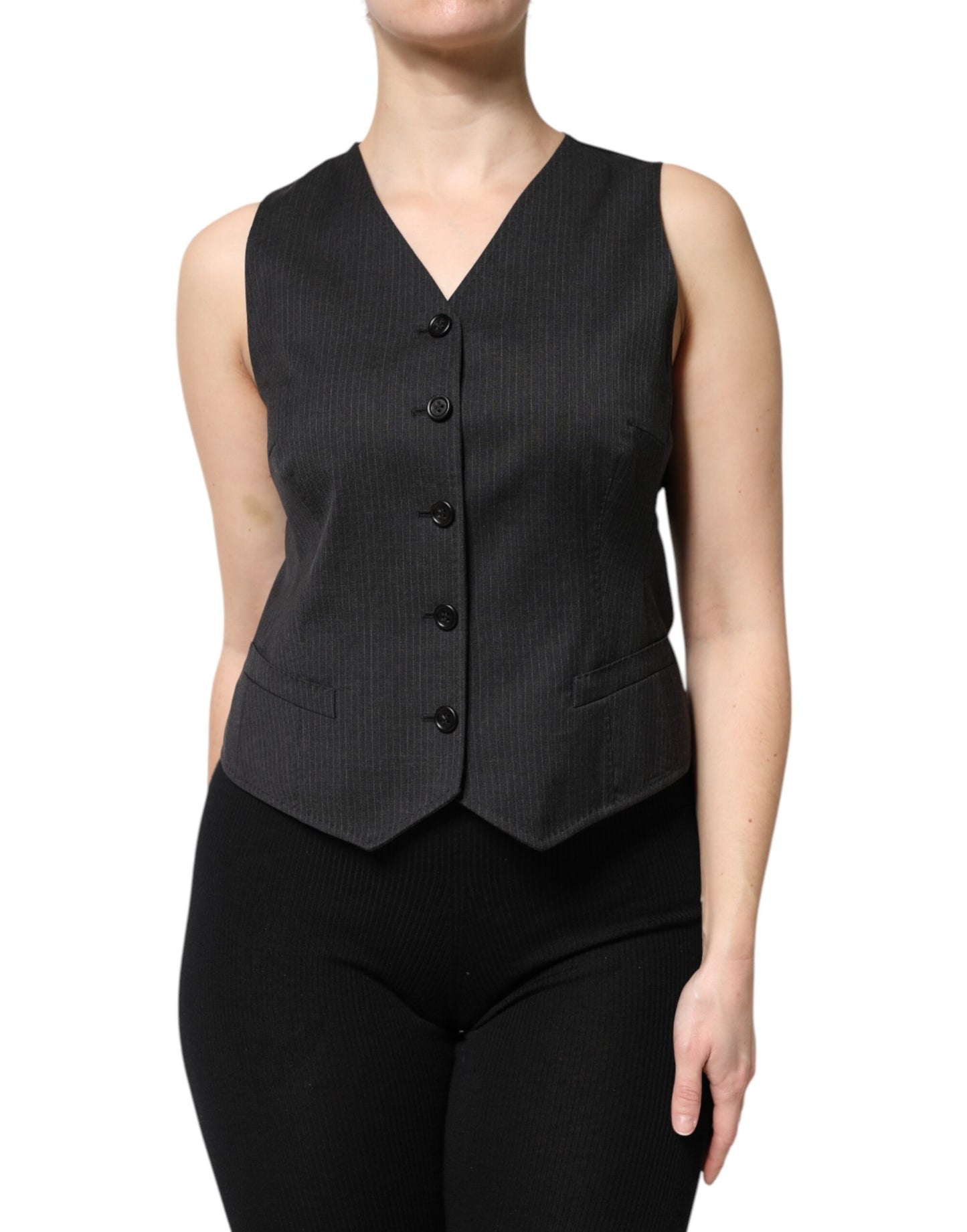 Dolce &amp; Gabbana – Ärmelloses, schwarz gestreiftes Westentop mit Knopfleiste