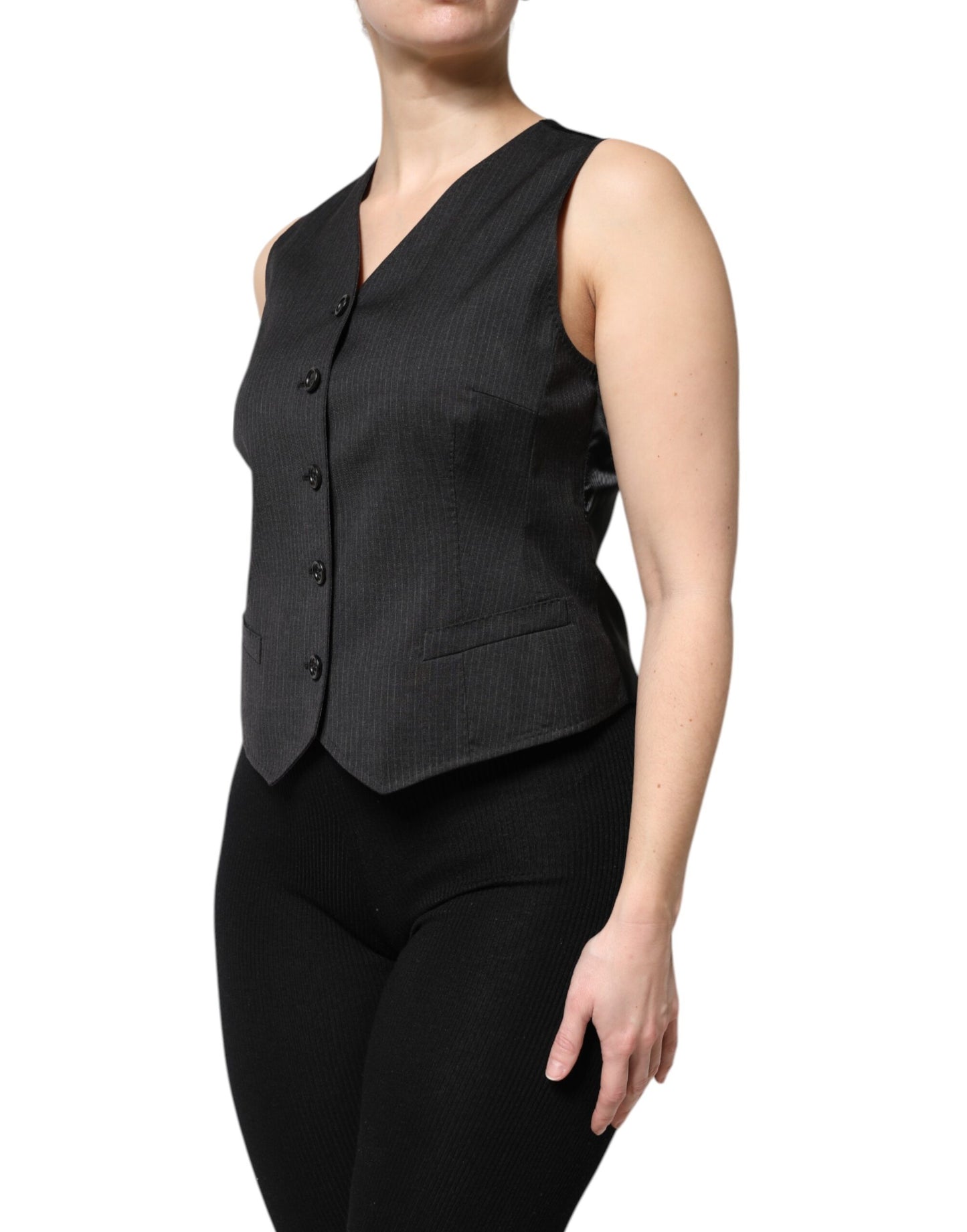 Dolce &amp; Gabbana – Ärmelloses, schwarz gestreiftes Westentop mit Knopfleiste