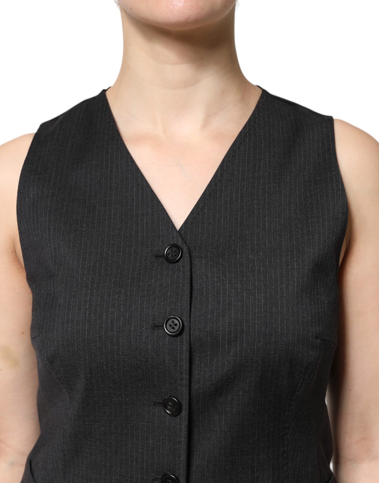 Dolce &amp; Gabbana – Ärmelloses, schwarz gestreiftes Westentop mit Knopfleiste