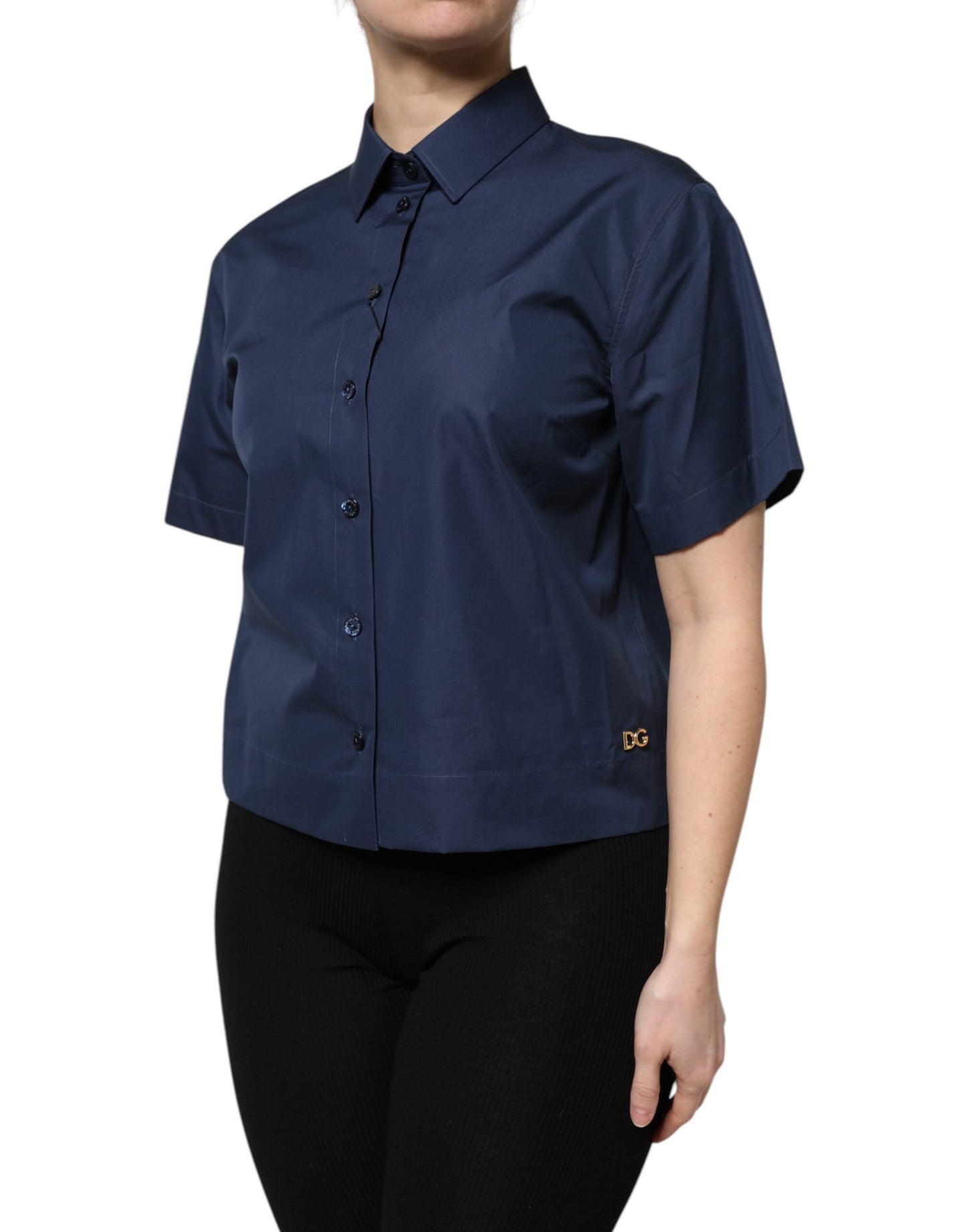 Dolce &amp; Gabbana – Kurzärmliges Button-Down-Oberteil aus blauer Baumwolle