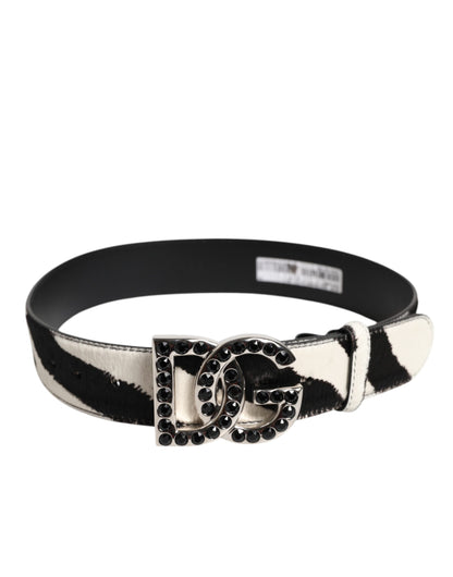 Dolce &amp; Gabbana Weiß-Schwarzer Ledergürtel mit Zebra-DG-Kristallschnalle