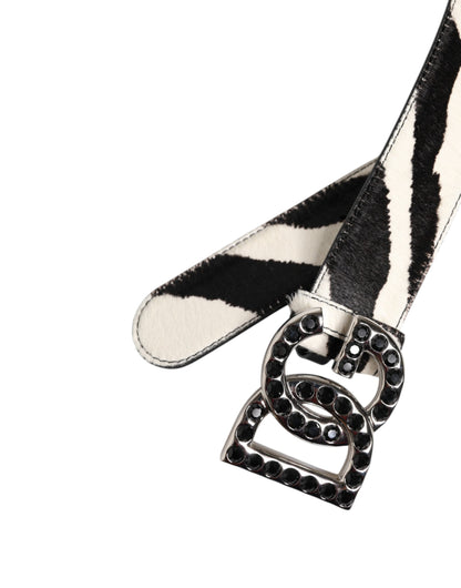 Dolce &amp; Gabbana Weiß-Schwarzer Ledergürtel mit Zebra-DG-Kristallschnalle