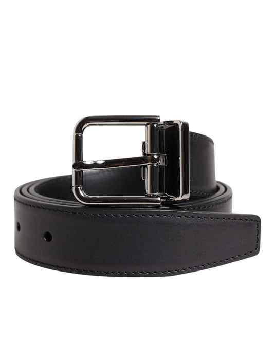 Dolce &amp; Gabbana Black Classic Calf Leather Silver Buckle Belt