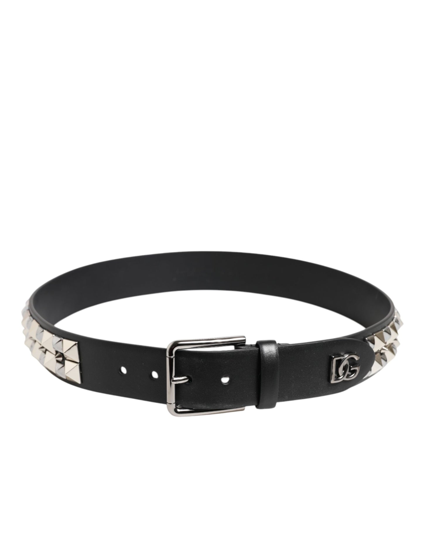 Dolce &amp; Gabbana Black Calf Leather Studded Silver Buckle Belt