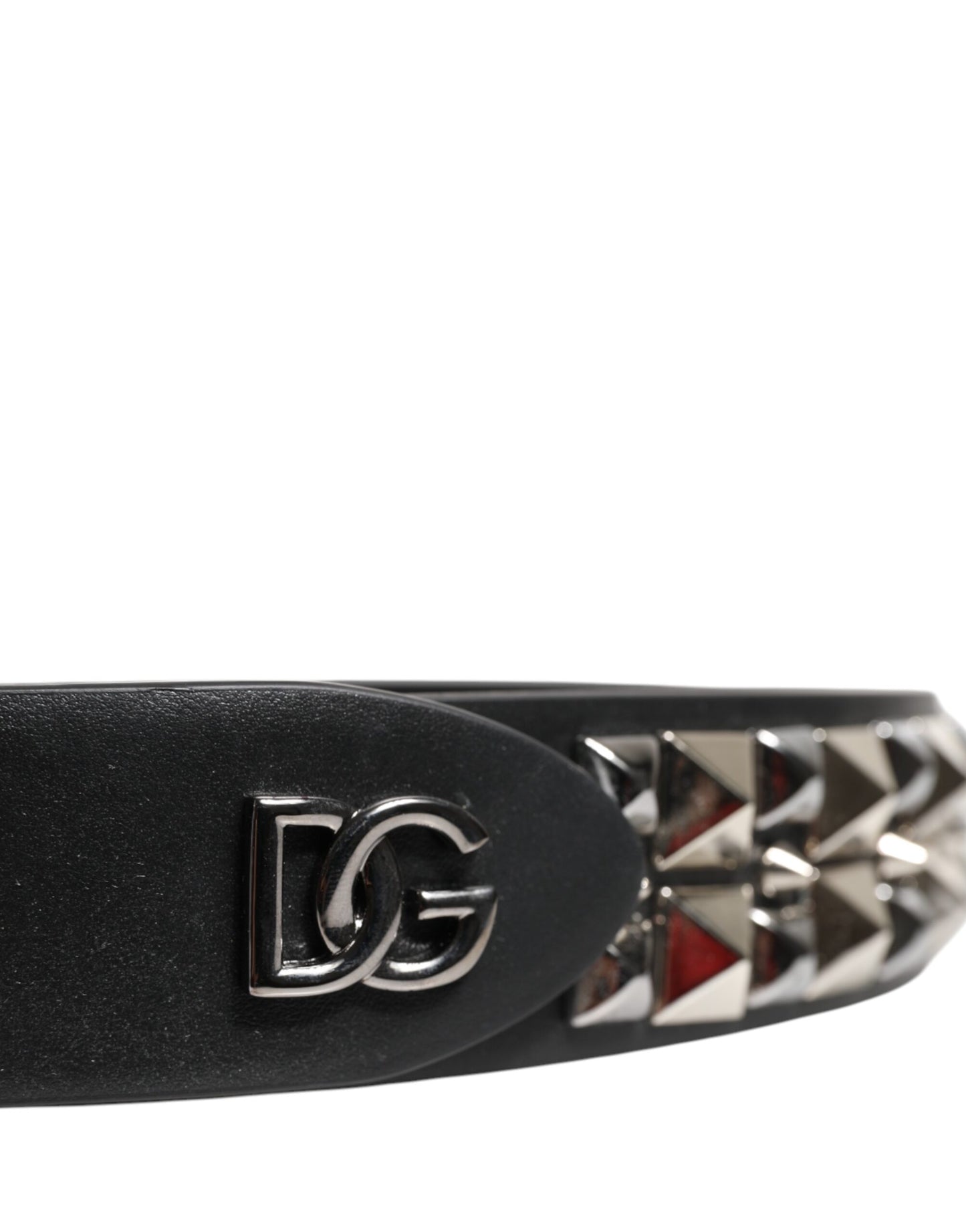 Dolce &amp; Gabbana Black Calf Leather Studded Silver Buckle Belt