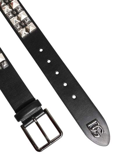 Dolce &amp; Gabbana Black Calf Leather Studded Silver Buckle Belt