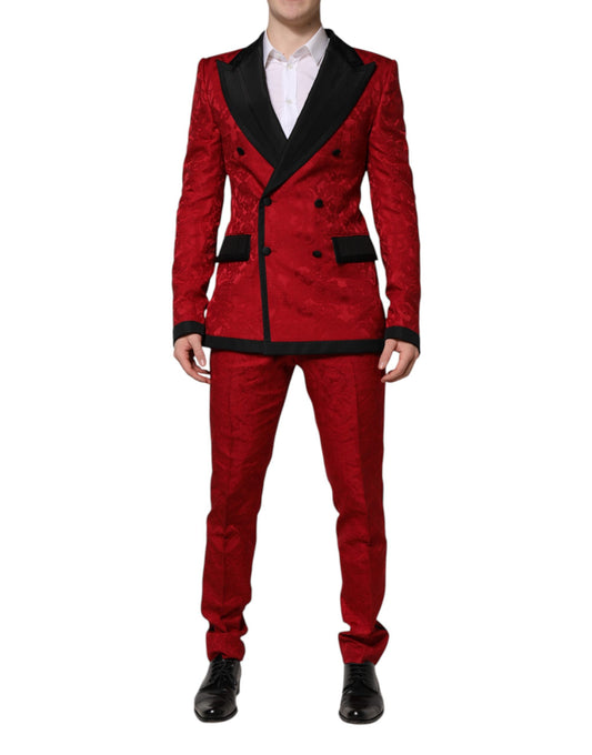 Dolce &amp; Gabbana – Zweireihiger, zweiteiliger Anzug aus Jacquard mit Blumenmuster in Rot