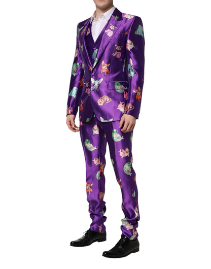 Dolce &amp; Gabbana – Dreiteiliger Anzug aus violetter Seide mit Animalprint