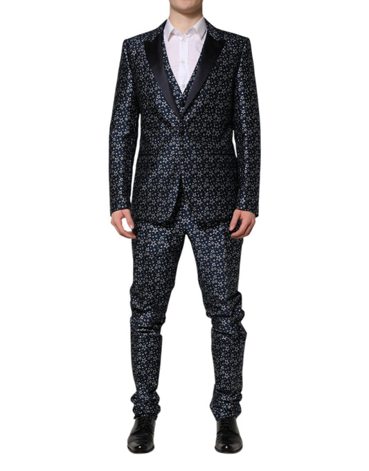 Dolce &amp; Gabbana – Blauer MARTINI-Jacquard-3-teiliger Anzug mit Stern