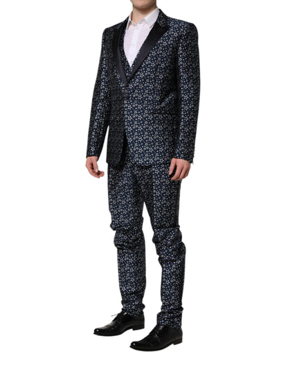 Dolce &amp; Gabbana – Blauer MARTINI-Jacquard-3-teiliger Anzug mit Stern