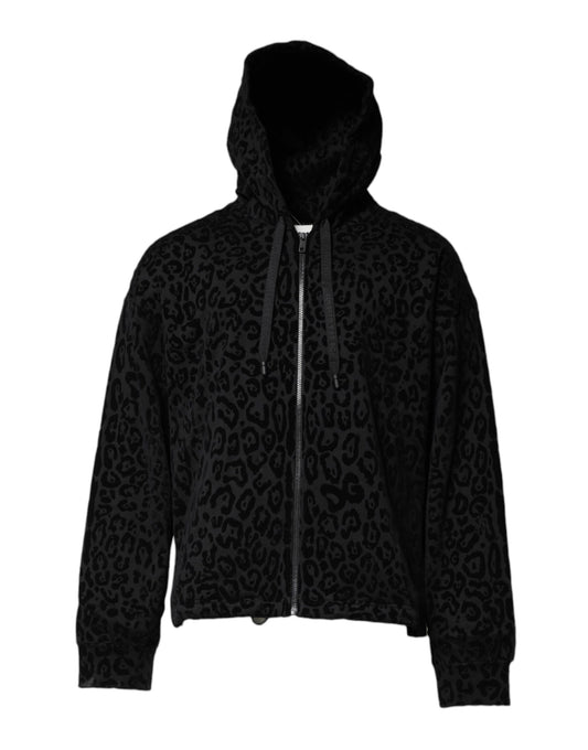 Dolce &amp; Gabbana – Schwarzer Kapuzenpullover mit durchgehendem Reißverschluss und Leopardenmuster