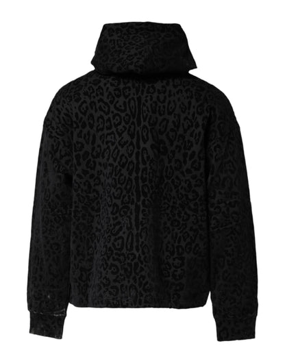 Dolce &amp; Gabbana – Schwarzer Kapuzenpullover mit durchgehendem Reißverschluss und Leopardenmuster