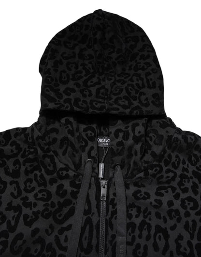 Dolce &amp; Gabbana – Schwarzer Kapuzenpullover mit durchgehendem Reißverschluss und Leopardenmuster