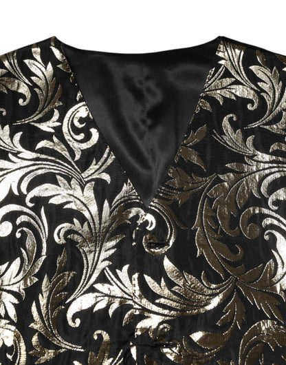Dolce &amp; Gabbana Schwarz Gold Jacquard Formelle Herren Weste