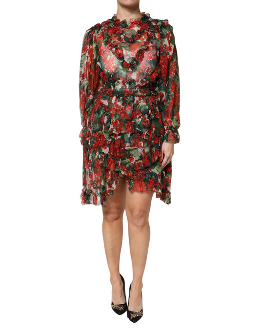 Dolce &amp; Gabbana – Mehrfarbiges, langärmliges Kleid mit Rüschen und Blumenmuster