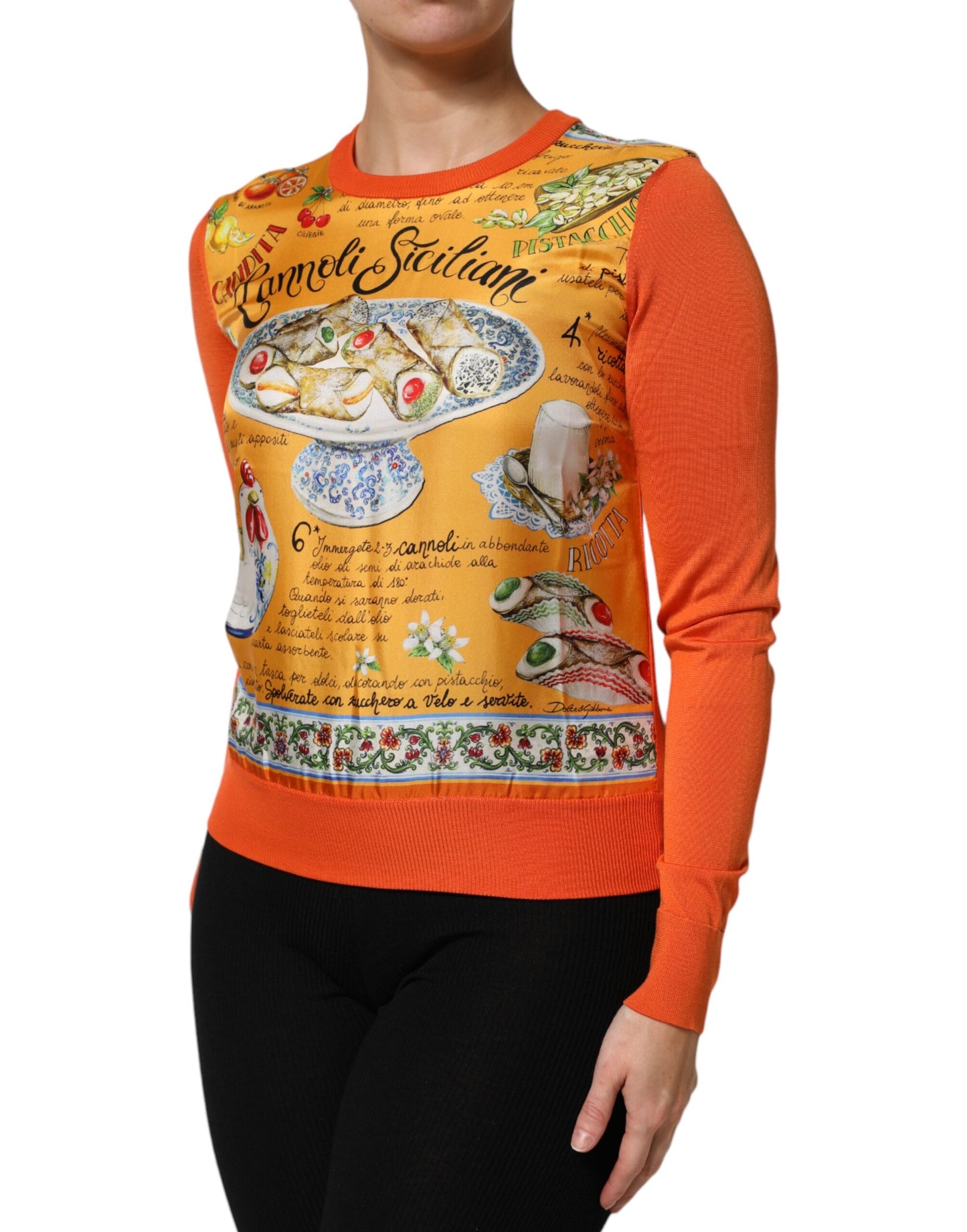 Dolce &amp; Gabbana – Orangefarbenes Cannoli-Top aus sizilianischer Seide mit Rundhalsausschnitt