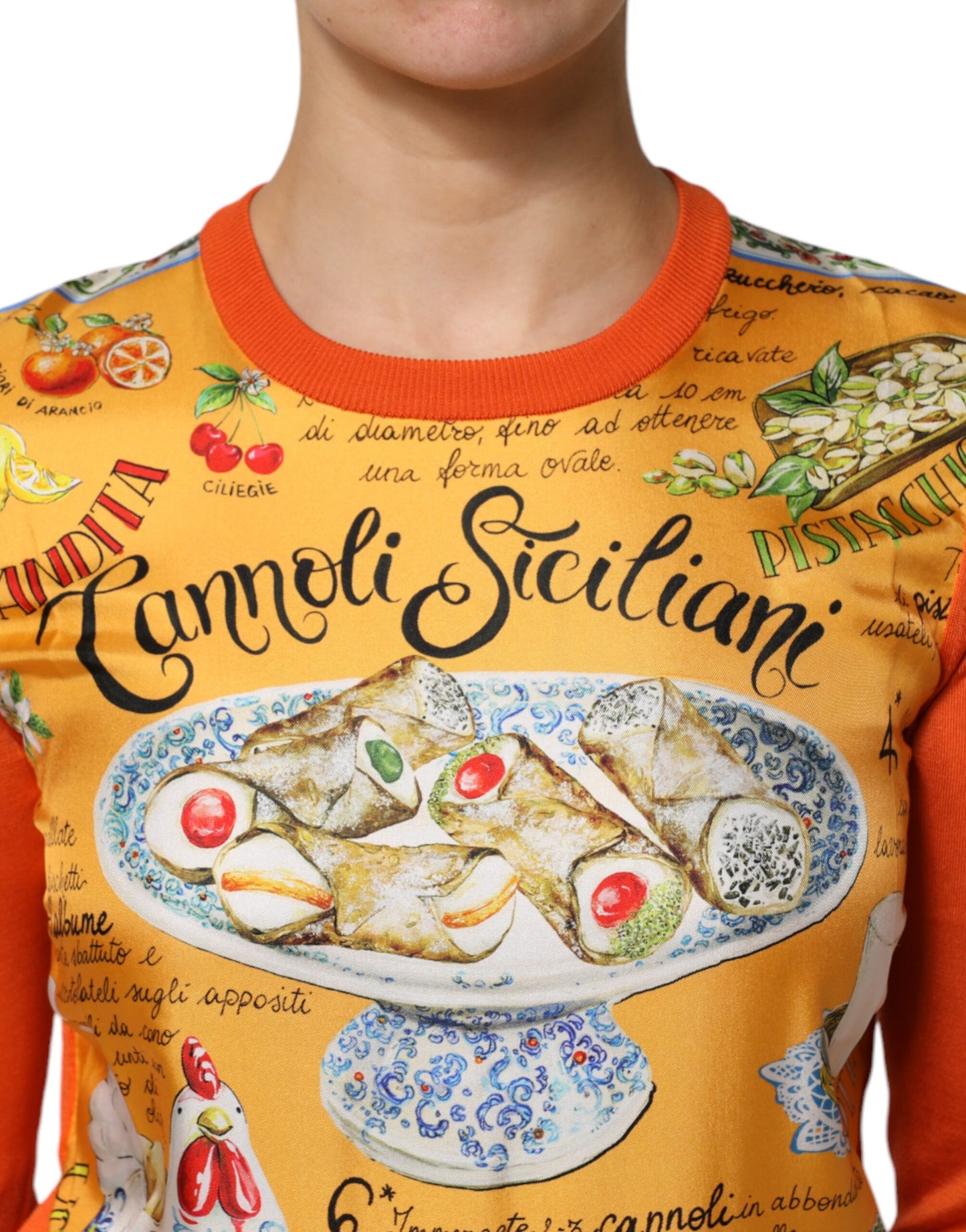 Dolce &amp; Gabbana – Orangefarbenes Cannoli-Top aus sizilianischer Seide mit Rundhalsausschnitt