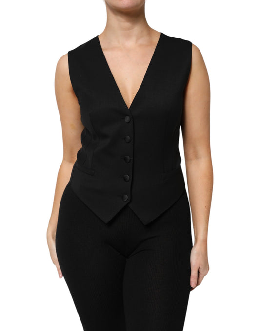 Dolce &amp; Gabbana – Schwarzes, ärmelloses Weste-Oberteil aus Wolle