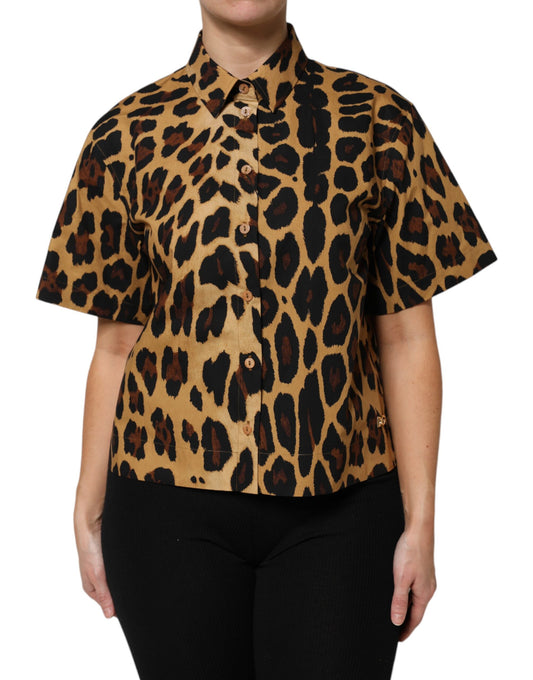 Dolce &amp; Gabbana – Braunes Poloshirt mit Leopardenmuster und Kragen