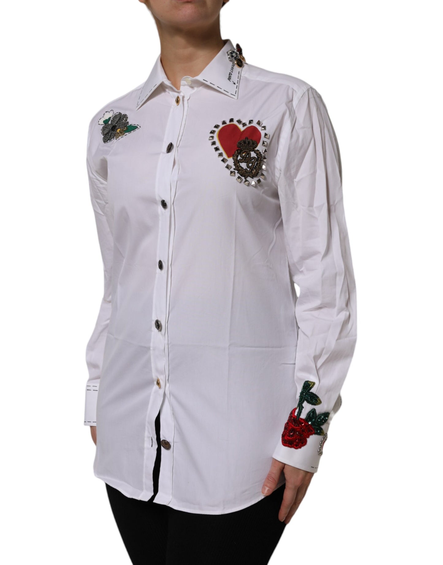 Dolce &amp; Gabbana – Weißes Hemdoberteil aus Baumwolle mit Blumenverzierung