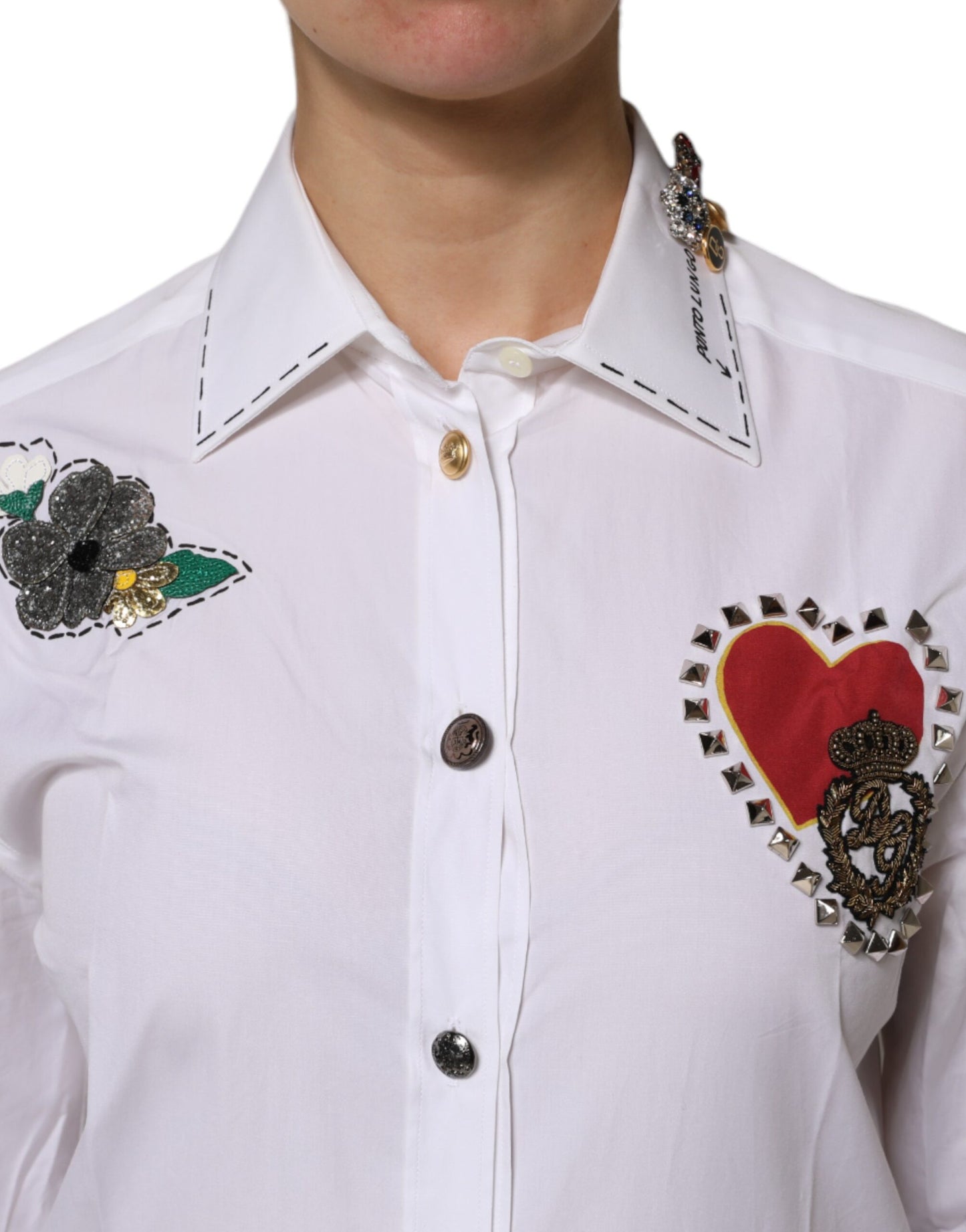 Dolce &amp; Gabbana – Weißes Hemdoberteil aus Baumwolle mit Blumenverzierung