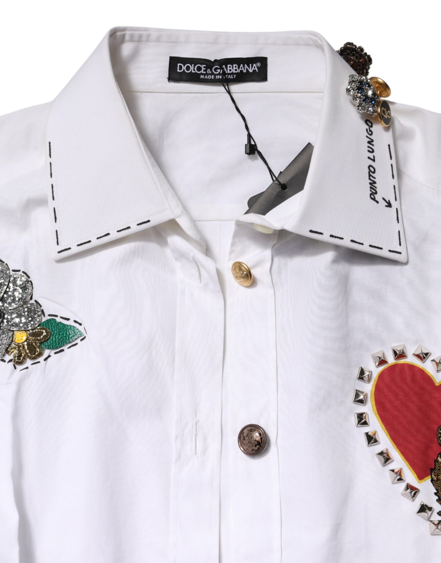 Dolce &amp; Gabbana – Weißes Hemdoberteil aus Baumwolle mit Blumenverzierung
