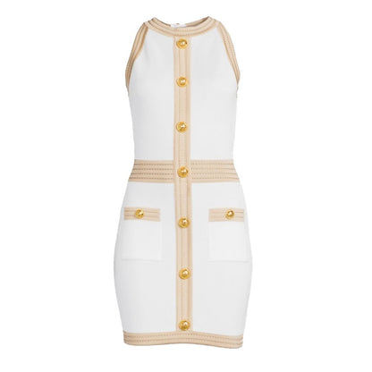 Balmain – Weißes Viskose-Damenkleid mit goldenen Kunstknöpfen