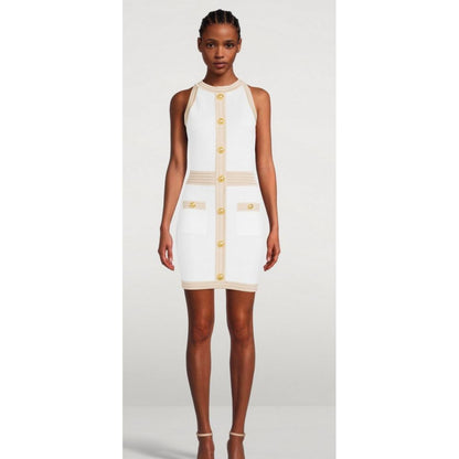 Balmain – Weißes Viskose-Damenkleid mit goldenen Kunstknöpfen