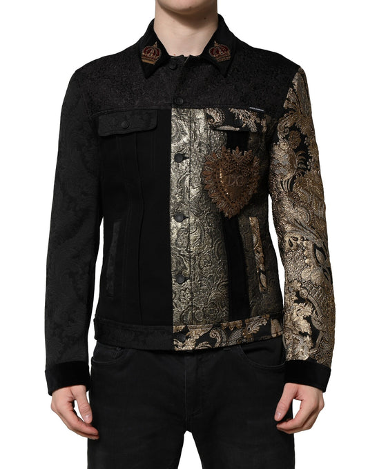 Dolce &amp; Gabbana – Schwarz-goldene Jacquard-Bikerjacke für Herren mit Blumenmuster