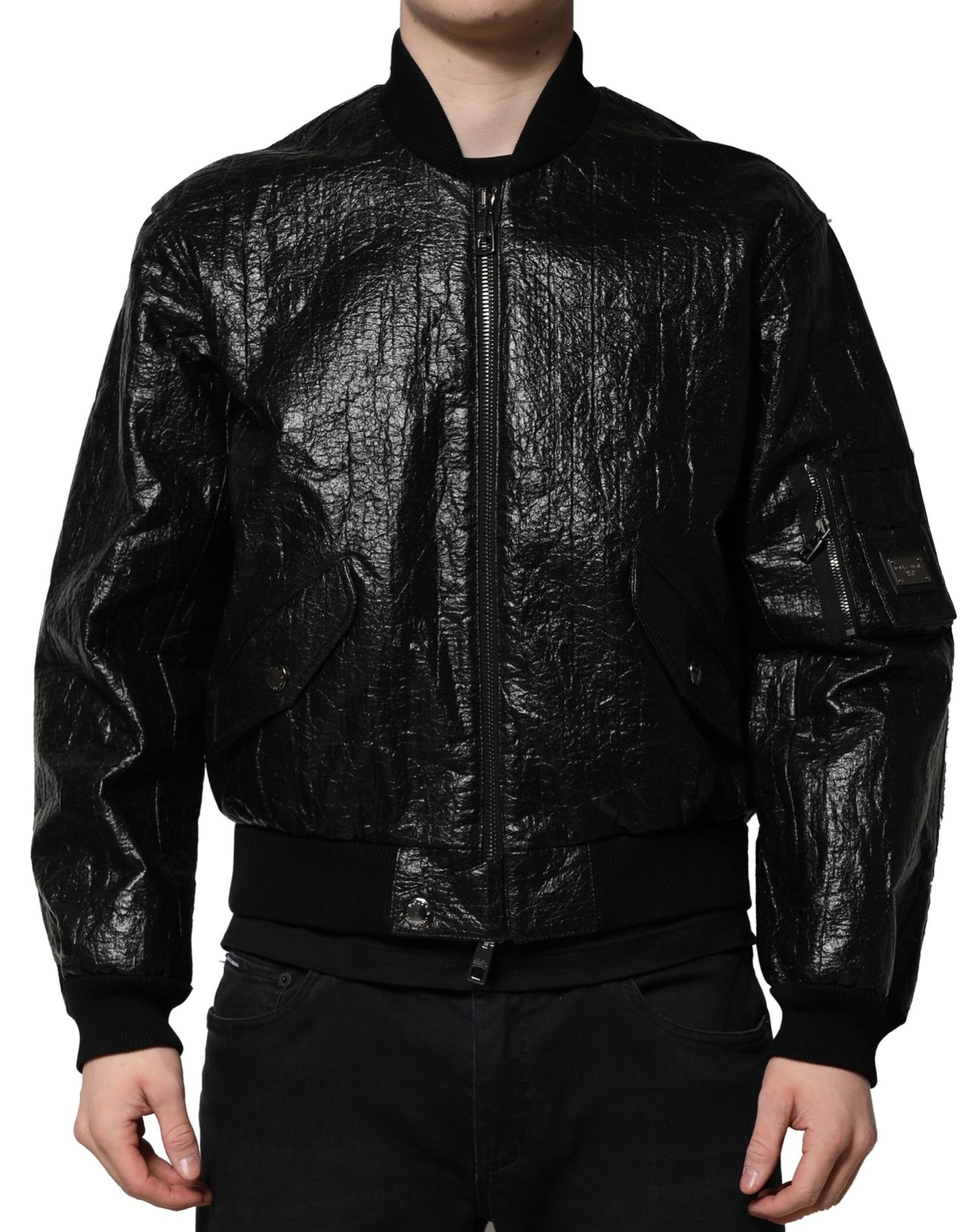 Dolce &amp; Gabbana – Bomberjacke mit durchgehendem Reißverschluss und schwarzem Logo-Schild