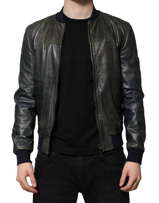 Dolce &amp; Gabbana – Bikerjacke aus schwarzem Lammleder mit durchgehendem Reißverschluss