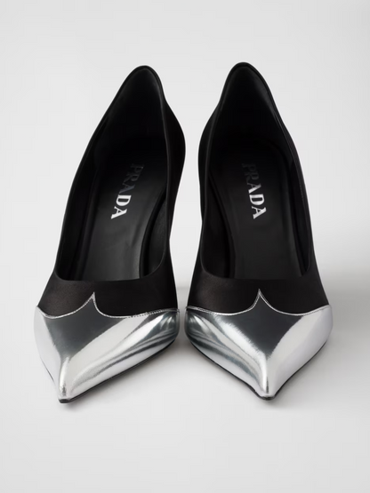 Prada Pumps aus schwarzem Satin und metallischem silbernem Leder