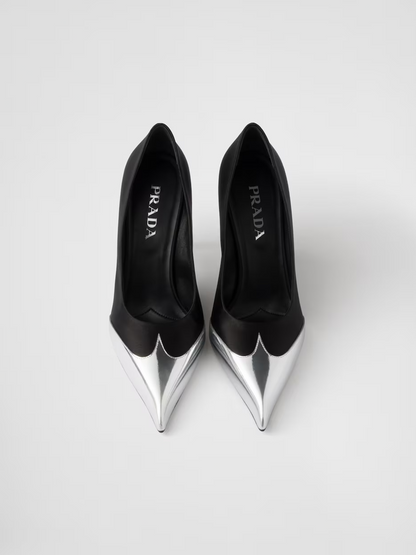 Prada Pumps aus schwarzem Satin und metallischem silbernem Leder