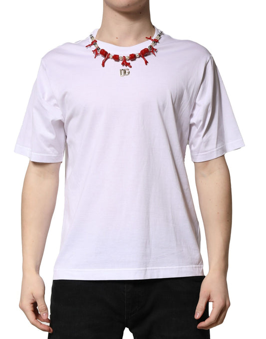 Dolce &amp; Gabbana White Embellished Cotton Crew Neck T-shirt
