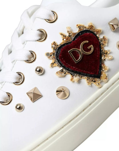 Dolce &amp; Gabbana Weiße Leder Gold Rote Herz Sneakers Schuhe