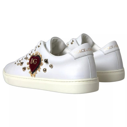 Dolce &amp; Gabbana Weiße Leder Gold Rote Herz Sneakers Schuhe